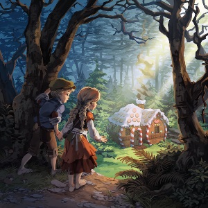 An image of Hansel and Gretel in the woods